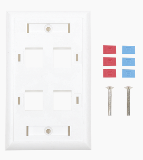 Placa de pared de 4 puertos, Keystone, con espacio para etiqueta, Color blanco